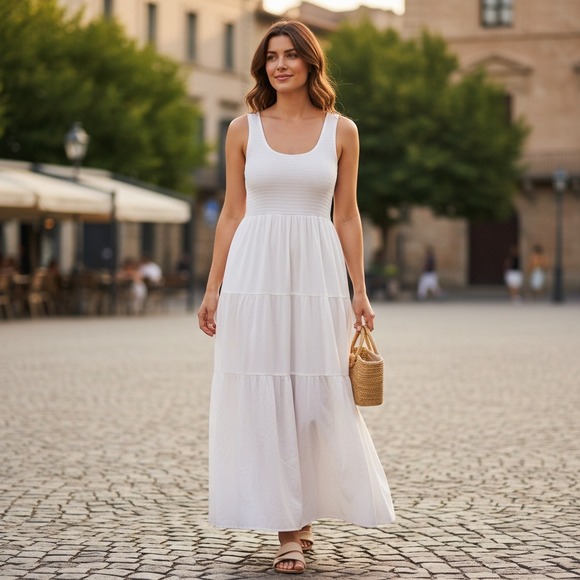 Maggeer Dresses & Skirts - White Smocked Tiered Maxi Dress Sleeveless Beach Vacation Sundress Maggeer M New